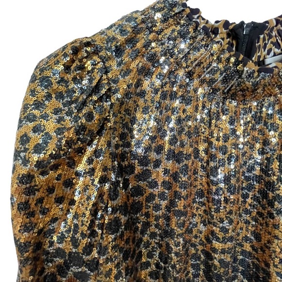 Sea NY Leopard Sequin Blouse Long Sleeve Elastic Neck Zip Back Gold Black Size 4 - Picture 6 of 6